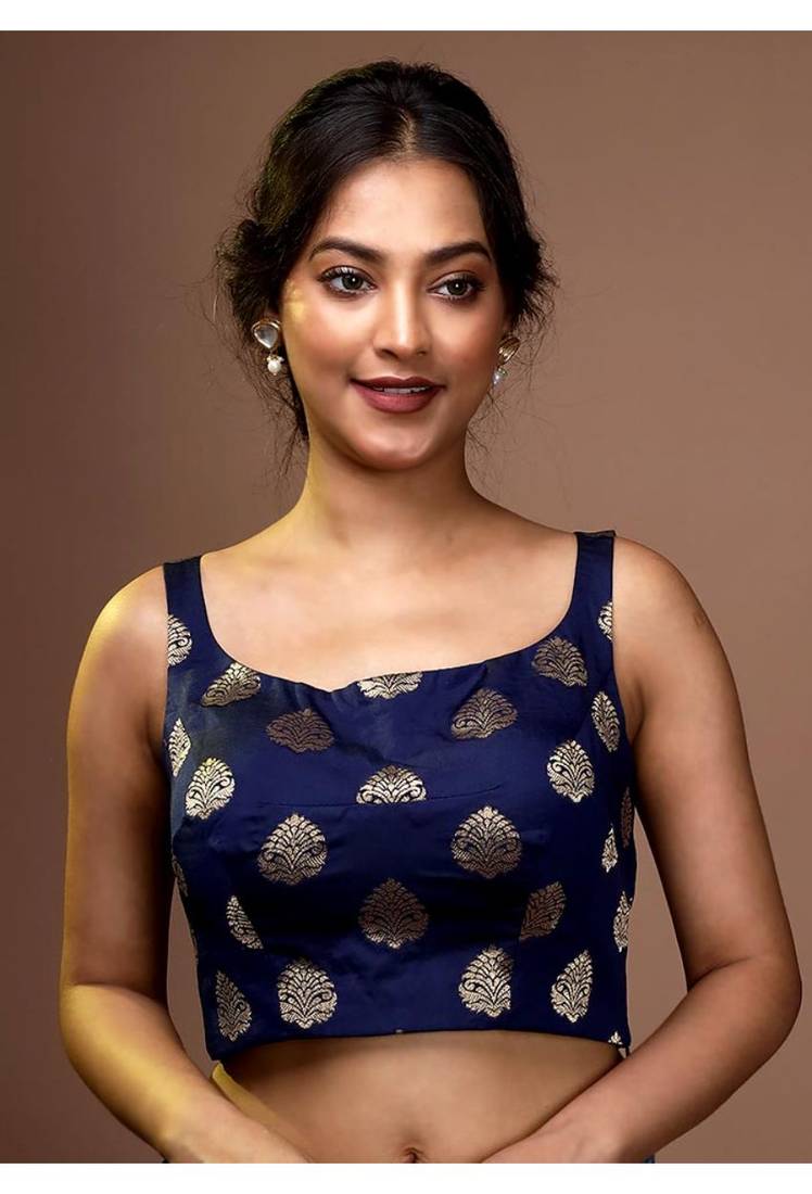 Navy Blue Silk Brocade Designer Blouse