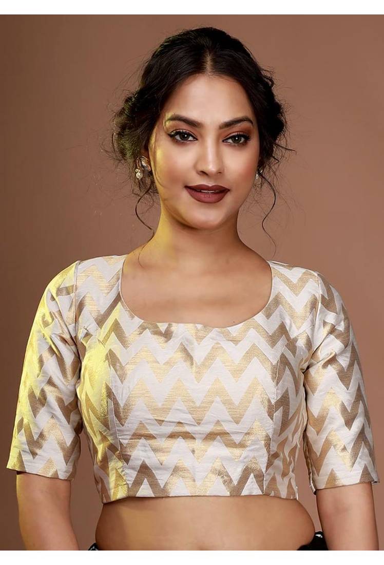 Off White Brocade Zari Work Designer Blouse - V-Cut The Blouse Expert -  4199756