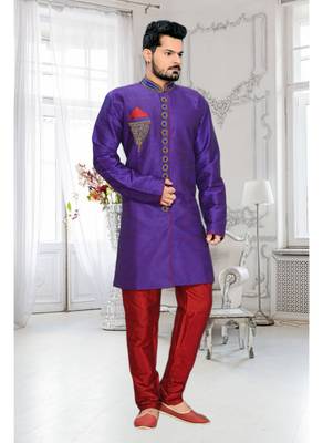 Purple Embroidered Art Silk Stitched Sherwani 2