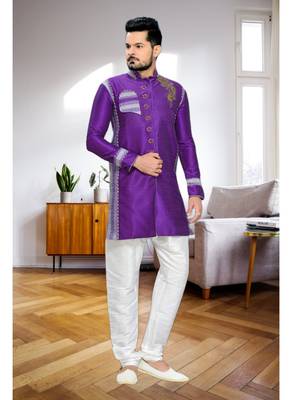 Purple Embroidered Art Dupion Silk Stitched Sherwani 2