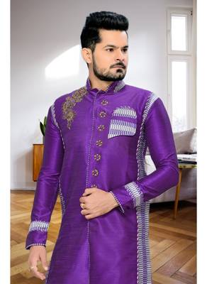Purple Embroidered Art Dupion Silk Stitched Sherwani 3