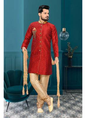 Maroon Embroidered Jacquard Stitched Sherwani 2