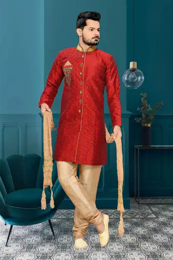 Maroon Embroidered Jacquard Stitched Sherwani