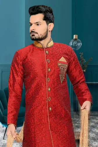 Maroon Embroidered Jacquard Stitched Sherwani