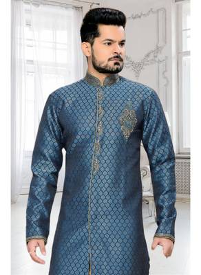 Blue Embroidered Jacquard Stitched Sherwani 3