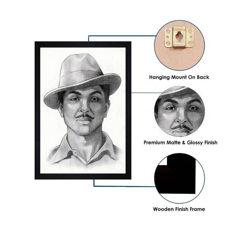 Gallery99 Black Frame Bhagat Singh Texture Paper Art Print  |20x14| Set of 1 Black In White