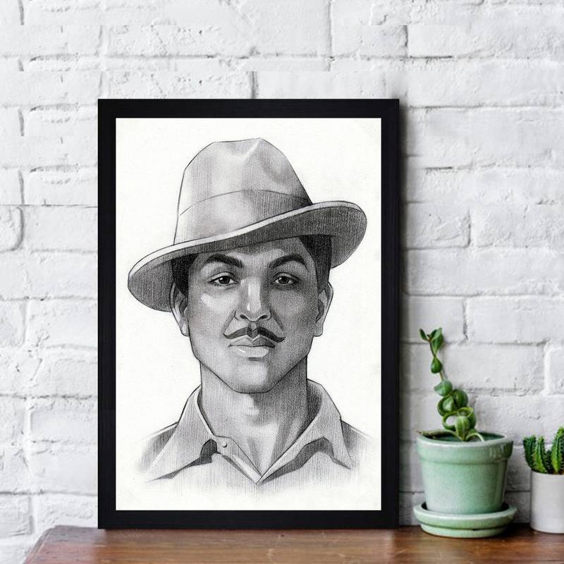 Gallery99 Black Frame Bhagat Singh Texture Paper Art Print  |20x14| Set of 1 Black In White
