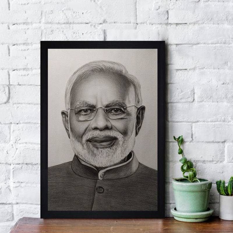 Gallery99 Black Frame Narendra Modi Texture Paper Art Print 20x14| Set of 1 Black In White