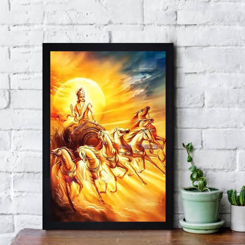 Gallery99 Black Frame Lord Surya Dev Texture Paper Art Print| 20x14| Set of 1 Multicolor