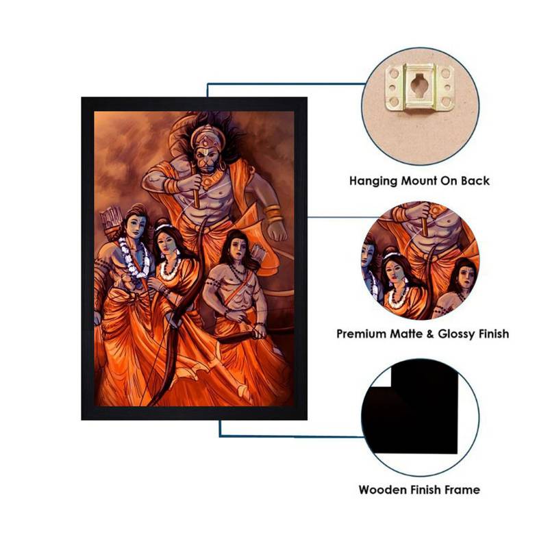 Gallery99 Black Frame Ram Laxman Sita With Hanuman ji Texture Paper Art Print| 20x14|