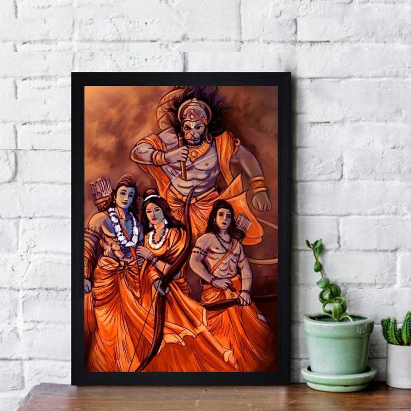 Gallery99 Black Frame Ram Laxman Sita With Hanuman ji Texture Paper Art Print| 20x14|