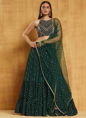 EILARA WOMEN'S DARK-GREEN SEQUINS AND THREAD EMBROIDERD WITH STONE WORK GEORGETTE WEDDING LEHENGA CHOLI 1