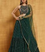 EILARA WOMEN'S DARK-GREEN SEQUINS AND THREAD EMBROIDERD WITH STONE WORK GEORGETTE WEDDING LEHENGA CHOLI