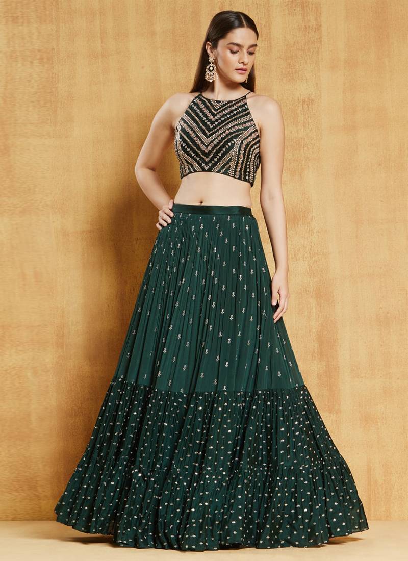 EILARA WOMEN'S DARK-GREEN SEQUINS AND THREAD EMBROIDERD WITH STONE WORK GEORGETTE WEDDING LEHENGA CHOLI