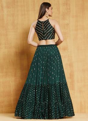 EILARA WOMEN'S DARK-GREEN SEQUINS AND THREAD EMBROIDERD WITH STONE WORK GEORGETTE WEDDING LEHENGA CHOLI 4