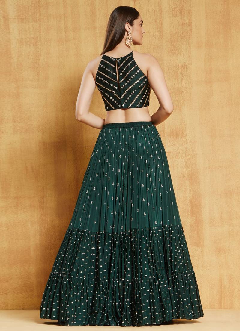 EILARA WOMEN'S DARK-GREEN SEQUINS AND THREAD EMBROIDERD WITH STONE WORK GEORGETTE WEDDING LEHENGA CHOLI