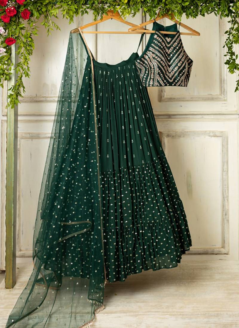 EILARA WOMEN'S DARK-GREEN SEQUINS AND THREAD EMBROIDERD WITH STONE WORK GEORGETTE WEDDING LEHENGA CHOLI