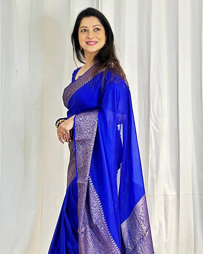  Royal Blue Silk Blend Sarees With Blouse