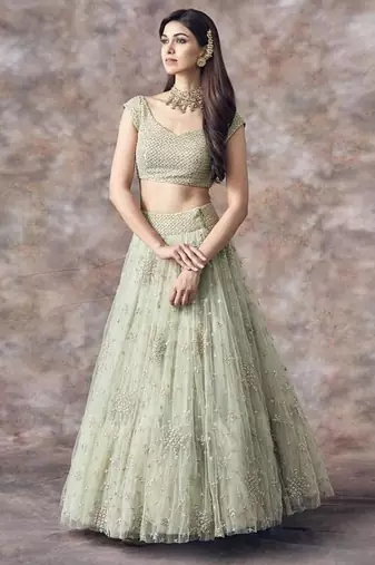 WOMEN'S LIGHT-GREEN EMBROIDERD AND SEQUINS WORK PARTY WEAR LEHENGA CHOLI