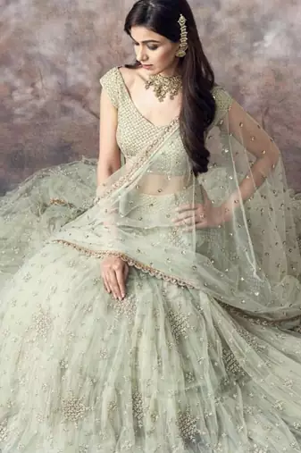 WOMEN'S LIGHT-GREEN EMBROIDERD AND SEQUINS WORK PARTY WEAR LEHENGA CHOLI
