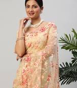 Kasee Women'S Lemon Floral Embroidered Net Saree With Unstitched Blouse Piece