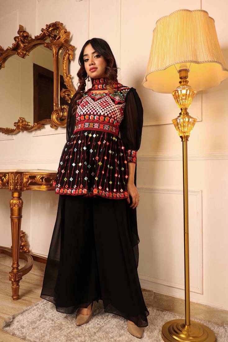 Black embroidered mirror work anarkali kurti with sharra set