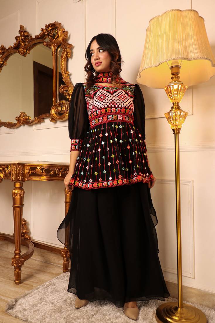 Black embroidered mirror work anarkali kurti with sharra set