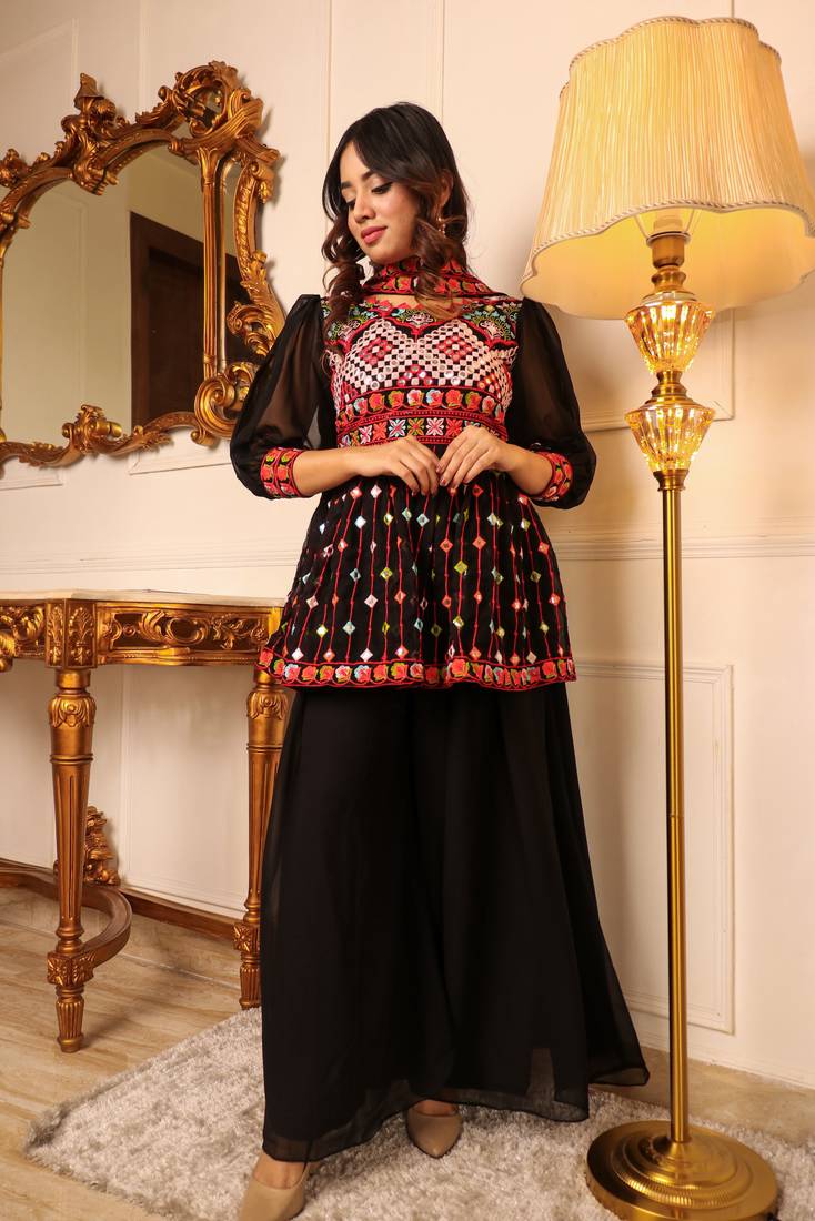 Black embroidered mirror work anarkali kurti with sharra set