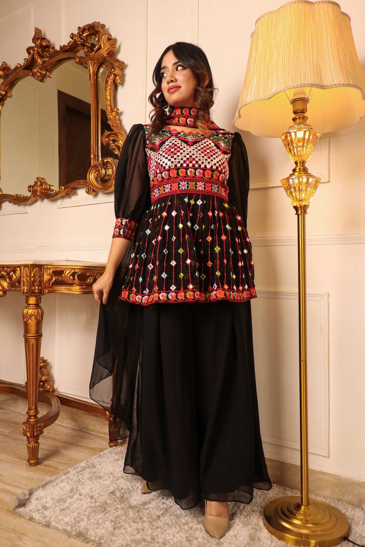 Black embroidered mirror work anarkali kurti with sharra set