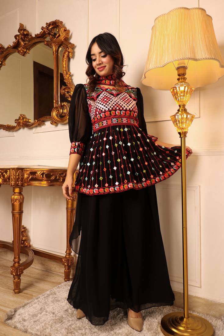 Black embroidered mirror work anarkali kurti with sharra set