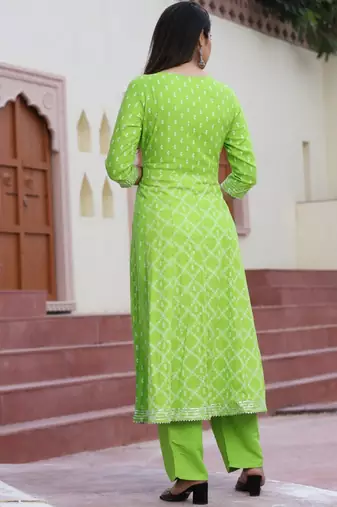 Green Print Rayon A-Line Kurta Set