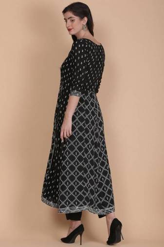 Black Print Rayon Anarkali Kurta Set