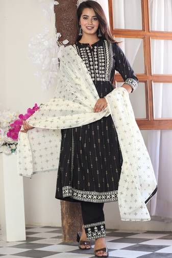 Black Print Rayon A-Line Kurta Set