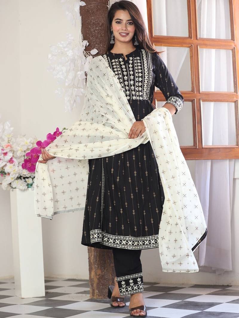 Black Print Rayon A-Line Kurta Set