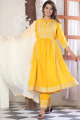 Yellow Embroidered Rayon A-Line Kurta Set