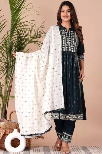 Green Print Rayon A-Line Kurta Set