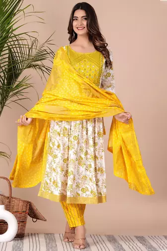 Mustard Print Rayon Straight Kurta Set