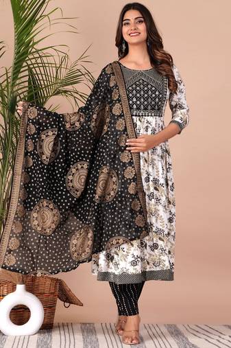 Black Print Rayon Straight Kurta Set