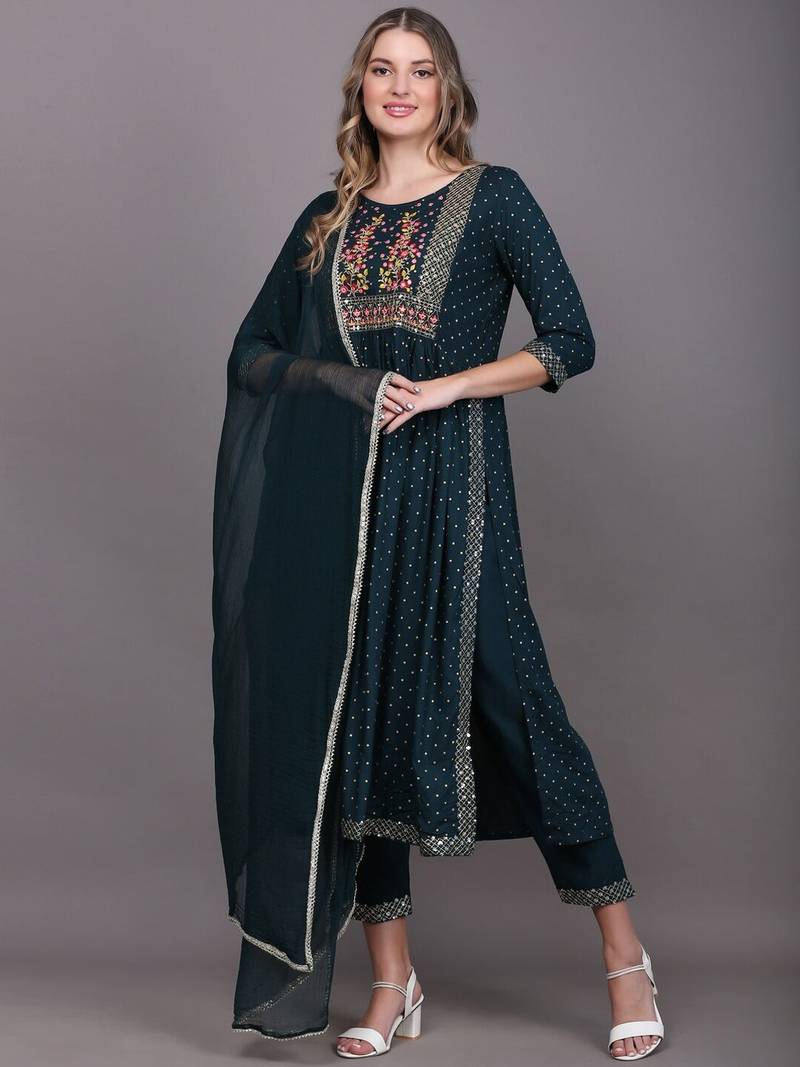 Blue Embroidered Rayon Straight Kurta Set