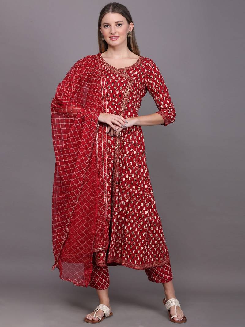 Maroon Print Rayon Anarkali Kurta Set