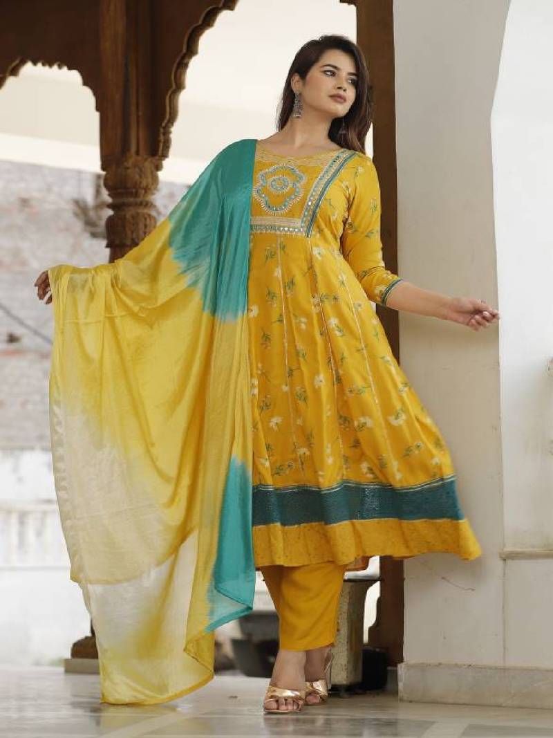 Yellow Embroidered Rayon Anarkali Kurta Set