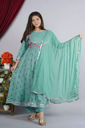 Green Embellished Rayon Anarkali Kurta Set