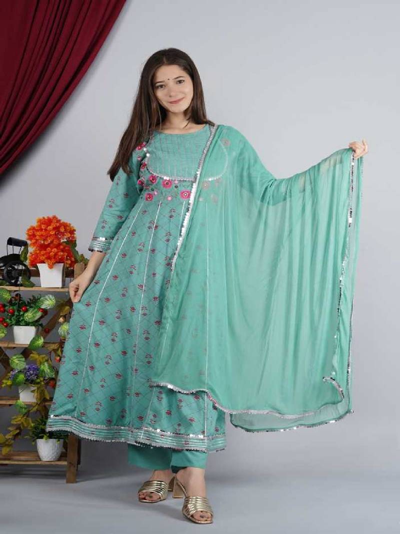 Green Embellished Rayon Anarkali Kurta Set