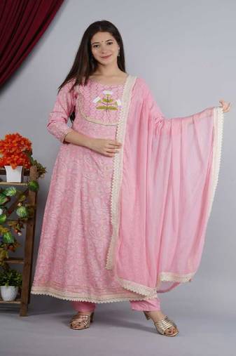 Pink Embellished Rayon Anarkali Kurta Set