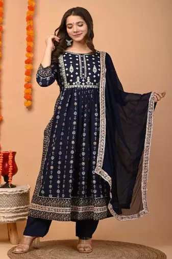 Blue Embellished Rayon Anarkali Kurta Set