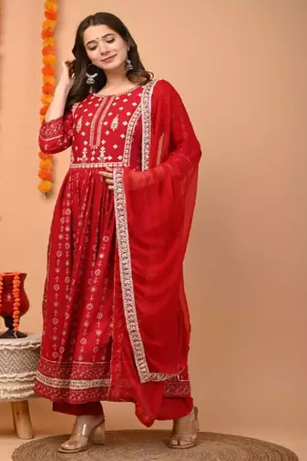 Red Embellished Rayon Anarkali Kurta Set