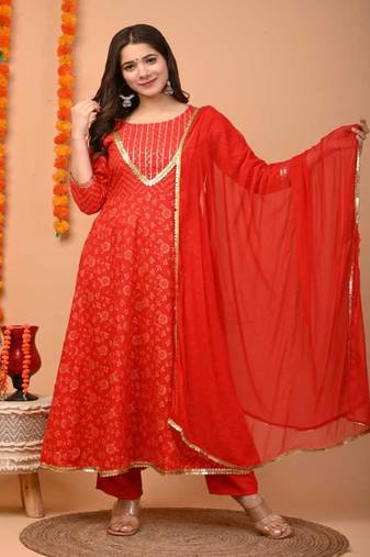 Red Embellished Rayon Anarkali Kurta Set