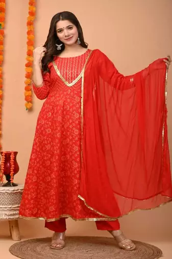 Red Embellished Rayon Anarkali Kurta Set