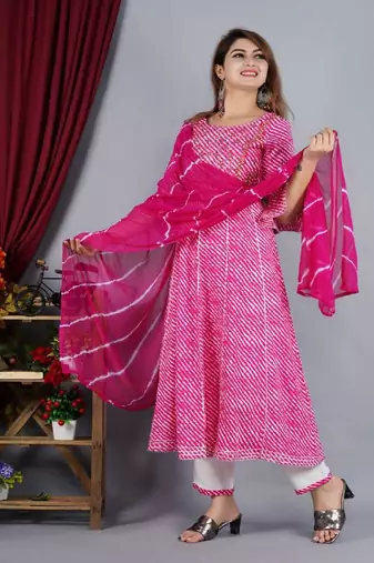 Pink Print Rayon Anarkali Kurta Set