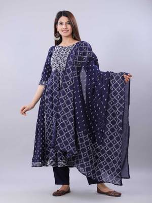 Blue Embroidered Rayon Anarkali Kurta Set 1